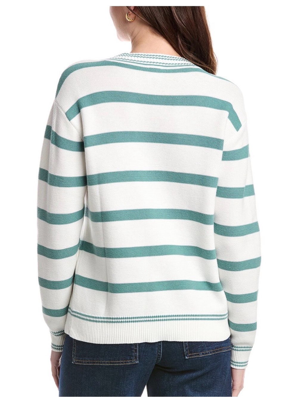 NWOT! CAbi Arena V-Neck Pullover White and Teal Striped V-Neck Sweater Sz. M - Picture 4 of 5